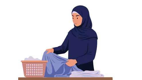 Concept of housekeeping and routine work, doing housework, veiled Saudi Arabian Gulf woman wearing abaya tidying the house, white background, vector illustrator