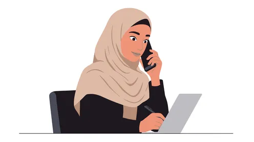 استخدام جهاز تقني حديث ومتطور، العمل عن بعد، ادارة الاعمال والمهام المطلوبة، امرأة عربية خليجية سعودية محجبة تستخدم الحاسب المحمول, خلفية بيضاء، فيكتور اليستريتور