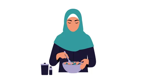 Preparing and arranging the necessary ingredients, foods rich in sugars and calories, a veiled Saudi Arabian Gulf woman preparing delicious desserts in the kitchen, white background, vector illustrator