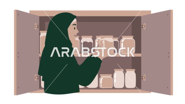 مفهوم التدبير المنزلي و القيام بالعمل الروتيني، القيام بالاعمال المنزلية، امرأة عربية خليجية سعودية محجبة ترتدي عباءة تقوم بترتيب المنزل, خلفية بيضاء، فيكتور اليستريتور