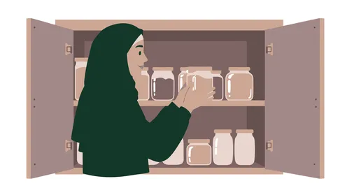 Concept of housekeeping and routine work, doing housework, veiled Saudi Arabian Gulf woman wearing abaya tidying the house, white background, vector illustrator