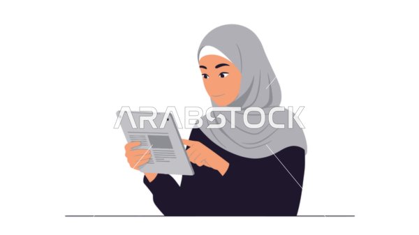 ادارة الأعمال والمهام المطلوبة، العمل عن بعد، استخدام جهاز تقني حديث ومتطور، امرأة عربية خليجية سعودية محجبة تحمل بيدها الجهاز اللوحي، خلفية بيضاء، فيكتور اليستريتور