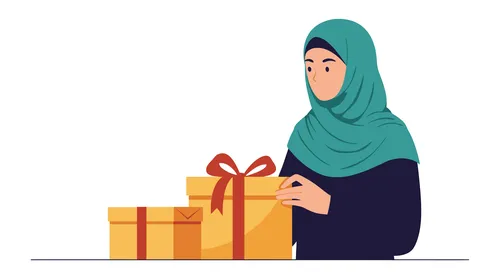 مفهوم الشكر والامتنان، تقديم الهدايا بالاعياد والمناسبات الخاصة، التعبير عن الحب والتقدير والاحترام،, امرأة عربية خليجية سعودية محجبة تحمل بيدها صندوق هدية، خلفية بيضاء، فيكتور اليستريتور