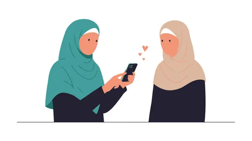 التواصل وتبادل الاخبار مع الاهل والاصدقاء، ادارة الأعمال والمهمام المطلوبة، العمل عن بعد، استخدام جهاز تقني حديث ومتطور، امرأة عربية خليجية سعودية محجبة تحمل بيدها الهاتف المحمول، خلفية بيضاء، فيكتور اليستريتور