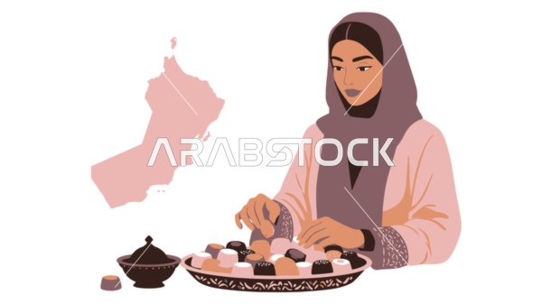 مأكولات غنية بالسكريات والسعرات الحرارية, الاستمتاع بالأطعمة اللذيذة والحلويات, الاهتمام بالمظهر الخارجي, رسوم كرتونية لشخصية امرأة عربية خليجية سعودية محجبة ترتدي العباءة تحمل بيدها طبق من الحلو, خلفية بيضاء, فيكتور اليستريتور