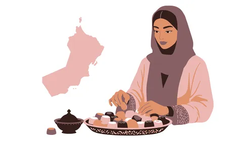 مأكولات غنية بالسكريات والسعرات الحرارية, الاستمتاع بالأطعمة اللذيذة والحلويات, الاهتمام بالمظهر الخارجي, رسوم كرتونية لشخصية امرأة عربية خليجية سعودية محجبة ترتدي العباءة تحمل بيدها طبق من الحلو, خلفية بيضاء, فيكتور اليستريتور