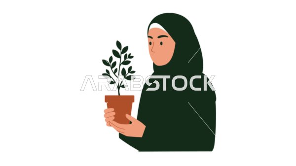 الاهتمام بالأناقة والمظهر الخارجي, مفهوم الأنوثة والنعومة, امرأة عربية خليجية سعودية محجبة ترتدي عباءة تقف باستقامة, خلفية بيضاء، فيكتور اليستريتور