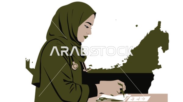 Concern for elegance and outward appearance, the concept of femininity and softness, a veiled Saudi Arabian Gulf woman wearing an abaya standing straight, white background, vector illustrator