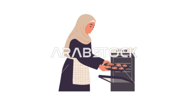 تحضير وتجهيز المكونات اللازمة، مأكولات غنية بالسكريات والسعرات الحرارية، امرأة عربية خليجية سعودية محجبة تقوم باعداد الحلويات الشهية في المطبخ، خلفية بيضاء، فيكتور اليستريتور