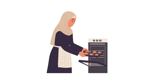 تحضير وتجهيز المكونات اللازمة، مأكولات غنية بالسكريات والسعرات الحرارية، امرأة عربية خليجية سعودية محجبة تقوم باعداد الحلويات الشهية في المطبخ، خلفية بيضاء، فيكتور اليستريتور