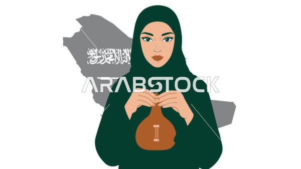 الاهتمام بالأناقة والمظهر الخارجي, مفهوم الأنوثة والنعومة, امرأة عربية خليجية سعودية محجبة ترتدي عباءة تقف باستقامة, خلفية بيضاء، فيكتور اليستريتور