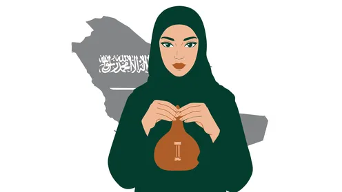 الاهتمام بالأناقة والمظهر الخارجي, مفهوم الأنوثة والنعومة, امرأة عربية خليجية سعودية محجبة ترتدي عباءة تقف باستقامة, خلفية بيضاء، فيكتور اليستريتور