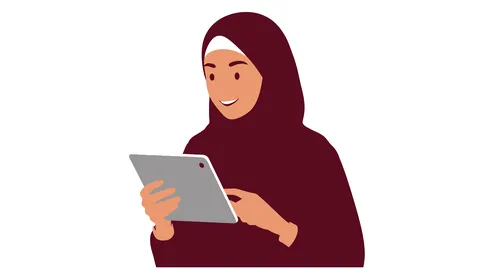 ادارة الأعمال والمهام المطلوبة، العمل عن بعد، استخدام جهاز تقني حديث ومتطور، امرأة عربية خليجية سعودية محجبة تحمل بيدها الجهاز اللوحي، خلفية بيضاء، فيكتور اليستريتور