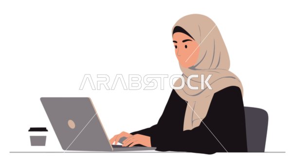 Using a modern and advanced technical device, working remotely, managing business and required tasks, a veiled Saudi Arabian Gulf woman using a laptop, white background, Illustrator vector