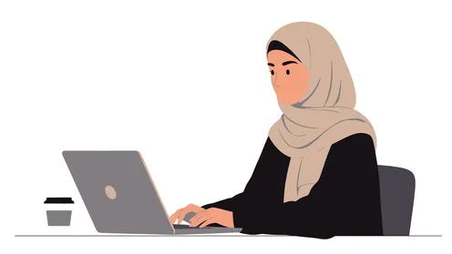 استخدام جهاز تقني حديث ومتطور، العمل عن بعد، ادارة الاعمال والمهام المطلوبة، امرأة عربية خليجية سعودية محجبة تستخدم الحاسب المحمول, خلفية بيضاء، فيكتور اليستريتور