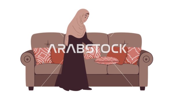 مفهوم التدبير المنزلي و القيام بالعمل الروتيني، القيام بالاعمال المنزلية، امرأة عربية خليجية سعودية محجبة ترتدي عباءة تقوم بترتيب المنزل, خلفية بيضاء، فيكتور اليستريتور