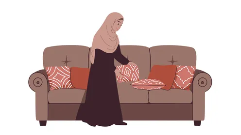 Concept of housekeeping and routine work, doing housework, veiled Saudi Arabian Gulf woman wearing abaya tidying the house, white background, vector illustrator