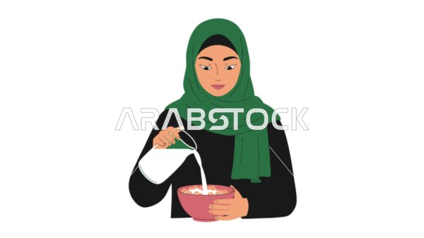 The multiple benefits of dairy products for the body and bones, a veiled Saudi Arabian Gulf woman wearing an abaya drinking milk, maintaining a healthy immune system, the concept of care and attention to health, white background, Illustrator vector