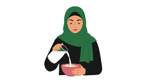 فوائد مشتقات اللبن المتعددة للجسم والعظام, امراة عربية خليجية سعودية محجبة ترتدي العباءة تقوم بشرب الحليب، المحافظة على سلامة الجهاز المناعي، مفهوم العناية والاهتمام بالصحة, خلفية بيضاء، فيكتور اليستريتور
