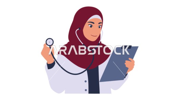 العمل في القطاع الصحي، مفهوم الطب والرعاية الصحية، تقديم الخدمات العلاجية في المراكز الطبية والمستشفيات، طبيبة عربية خليجية سعودية محجبة ترتدي السماعة الطبية، خلفية بيضاء، فيكتور اليستريتور