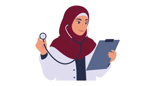 العمل في القطاع الصحي، مفهوم الطب والرعاية الصحية، تقديم الخدمات العلاجية في المراكز الطبية والمستشفيات، طبيبة عربية خليجية سعودية محجبة ترتدي السماعة الطبية، خلفية بيضاء، فيكتور اليستريتور