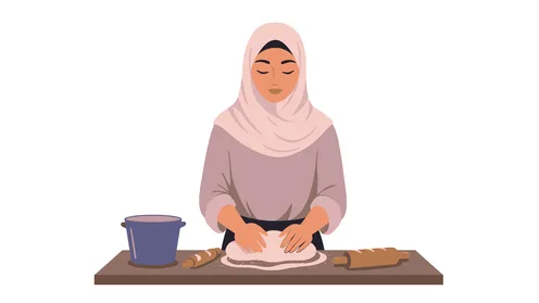 تحضير وتجهيز المكونات اللازمة، مأكولات غنية بالسكريات والسعرات الحرارية، امرأة عربية خليجية سعودية محجبة تقوم باعداد الحلويات الشهية في المطبخ، خلفية بيضاء، فيكتور اليستريتور