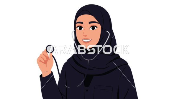 العمل في القطاع الصحي، مفهوم الطب والرعاية الصحية، تقديم الخدمات العلاجية في المراكز الطبية والمستشفيات، طبيبة عربية خليجية سعودية محجبة ترتدي السماعة الطبية، خلفية بيضاء، فيكتور اليستريتور