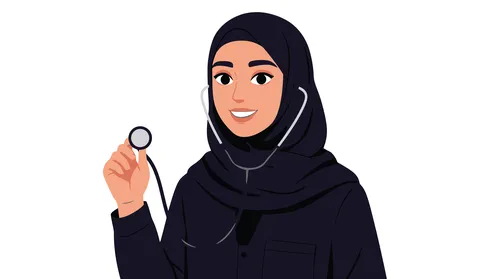 العمل في القطاع الصحي، مفهوم الطب والرعاية الصحية، تقديم الخدمات العلاجية في المراكز الطبية والمستشفيات، طبيبة عربية خليجية سعودية محجبة ترتدي السماعة الطبية، خلفية بيضاء، فيكتور اليستريتور