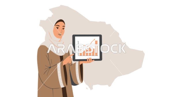 Using a modern and advanced technical device, working remotely, monitoring the economy and financial information, following a chart, a veiled Saudi Arabian Gulf woman showing a tablet screen, white background, vector illustrator