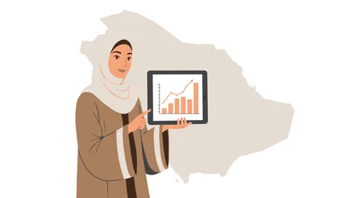 Using a modern and advanced technical device, working remotely, monitoring the economy and financial information, following a chart, a veiled Saudi Arabian Gulf woman showing a tablet screen, white background, vector illustrator