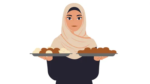 Foods rich in sugar and calories, enjoying delicious foods and sweets, taking care of one's appearance, cartoon of a veiled Saudi Arabian Gulf woman wearing an abaya holding a plate of sweets, white background, vector illustrator