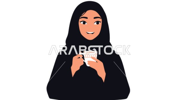 Sipping hot drinks and warm winter herbs, a veiled Saudi Arabian Gulf woman wearing an abaya drinking tea, white background, vector illustrator