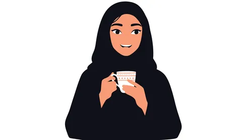 احتساء المشروبات الساخنه والأعشاب الشتوية الدافئة،, امرأة عربية خليجية سعودية محجبة ترتدي عباءة  تقوم بشرب الشاي,  خلفية بيضاء، فيكتور اليستريتور