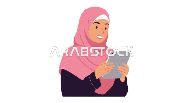 Business management and required tasks, remote work, using a modern and advanced technical device, a veiled Saudi Arabian Gulf woman holding a tablet in her hand, white background, Illustrator vector