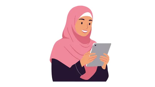 Business management and required tasks, remote work, using a modern and advanced technical device, a veiled Saudi Arabian Gulf woman holding a tablet in her hand, white background, Illustrator vector