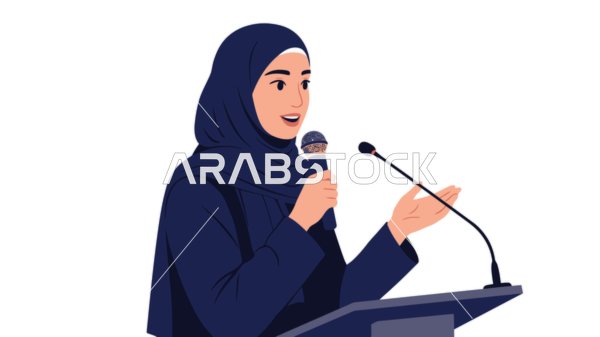 Enjoying performing vocal talents, presenting theatrical performances, practicing singing talent, elegance and interest in outward appearance, cartoon character of a veiled Saudi Arabian Gulf woman wearing an abaya holding a microphone in her hand, white background, Illustrator vector