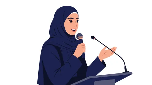 الاستمتاع بأداء المواهب الصوتية، تقديم العروضات المسرحية، ممارسة موهبة الغناء، الاناقة والاهتمام بالمظهر الخارجي, رسوم كرتونية لشخصية امرأة عربية خليجية سعودية محجبة ترتدي العباءة تحمل بيدها المايك, خلفية بيضاء, فيكتور اليستريتور