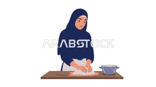 تحضير وتجهيز المكونات اللازمة، مأكولات غنية بالسكريات والسعرات الحرارية، امرأة عربية خليجية سعودية محجبة تقوم باعداد الحلويات الشهية في المطبخ، خلفية بيضاء، فيكتور اليستريتور