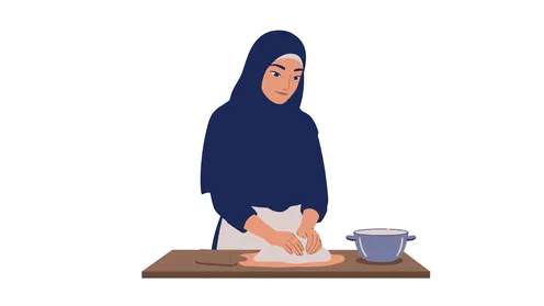 Preparing and arranging the necessary ingredients, foods rich in sugars and calories, a veiled Saudi Arabian Gulf woman preparing delicious desserts in the kitchen, white background, vector illustrator