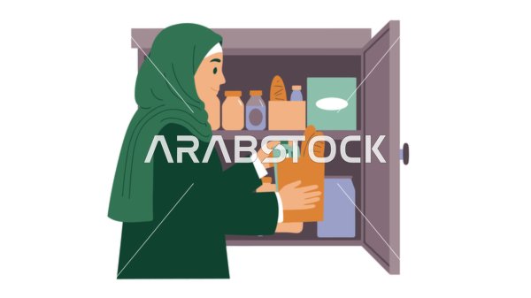 Preparing and arranging the necessary ingredients, foods rich in sugars and calories, a veiled Saudi Arabian Gulf woman preparing delicious desserts in the kitchen, white background, vector illustrator
