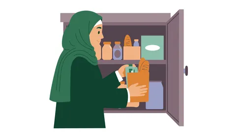 تحضير وتجهيز المكونات اللازمة، مأكولات غنية بالسكريات والسعرات الحرارية، امرأة عربية خليجية سعودية محجبة تقوم باعداد الحلويات الشهية في المطبخ، خلفية بيضاء، فيكتور اليستريتور