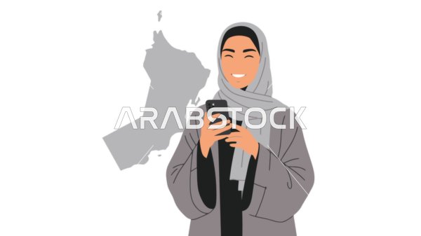 Communication and exchange of news with family and friends, managing business and required tasks, working remotely, using a modern and advanced technical device, a veiled Saudi Arabian Gulf woman holding a mobile phone, white background, vector illustrator