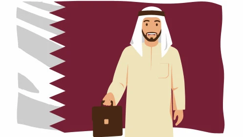 خلفية علم دولة قطر، رجل أعمال عربي خليجي قطري يرتدي الزي التقليدي يمسك بيده حقيبة جلد، مفهوم الرجولة والاهتمام بالمظهر الخارجي، النظر الى الكاميرا بتعابير السرور، فيكتور اليستريتور