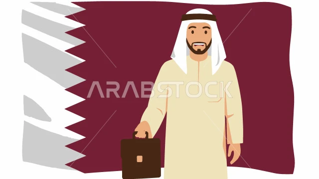 خلفية علم دولة قطر، رجل أعمال عربي خليجي قطري يرتدي الزي التقليدي يمسك بيده حقيبة جلد، مفهوم الرجولة والاهتمام بالمظهر الخارجي، النظر الى الكاميرا بتعابير السرور، فيكتور اليستريتور