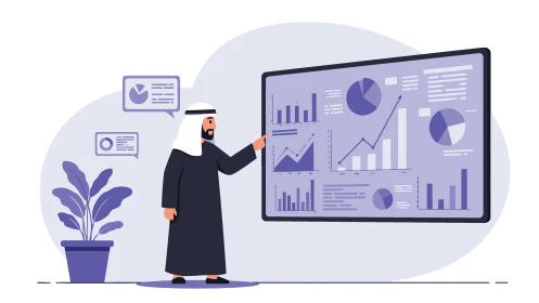 تطوير استراتيجية الأعمال, رجل عربي خليجي سعودي يرتدي الثوب التقليدي والغترة يشير الى الرسوم الاحصائية, مراجعة تحليلات البيانات الخاصة بالشركة, خلفية بيضاء، فيكتور اليستريتور