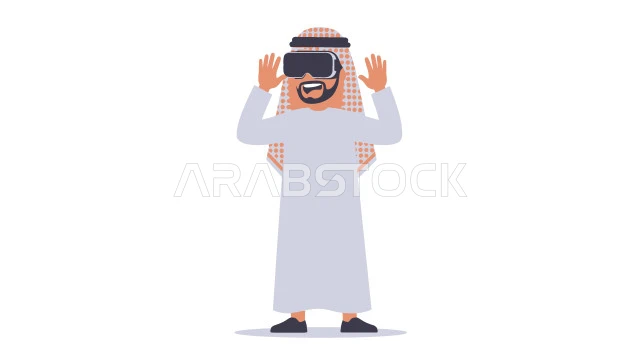 Using technology and technology, a Saudi Arabian Gulf man wearing traditional thobe and shemagh wearing virtual reality glasses, wearing 3D VR glasses, simulating a fantasy world, white background, vector illustrator