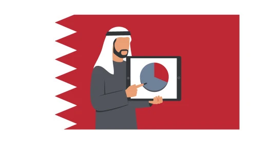  استخدام التقنية والتكنولوجيا، خلفية علم دولة قطر، رجل أعمال عربي خليجي قطري يرتدي الزي التقليدي يعمل على جهاز التابلت، مفهوم الرجولة والاهتمام بالمظهر الخارجي، فيكتور اليستريتور