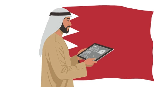  استخدام التقنية والتكنولوجيا، خلفية علم دولة قطر، رجل أعمال عربي خليجي قطري يرتدي الزي التقليدي يعمل على جهاز التابلت، مفهوم الرجولة والاهتمام بالمظهر الخارجي، فيكتور اليستريتور