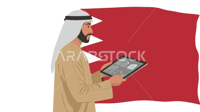  استخدام التقنية والتكنولوجيا، خلفية علم دولة قطر، رجل أعمال عربي خليجي قطري يرتدي الزي التقليدي يعمل على جهاز التابلت، مفهوم الرجولة والاهتمام بالمظهر الخارجي، فيكتور اليستريتور