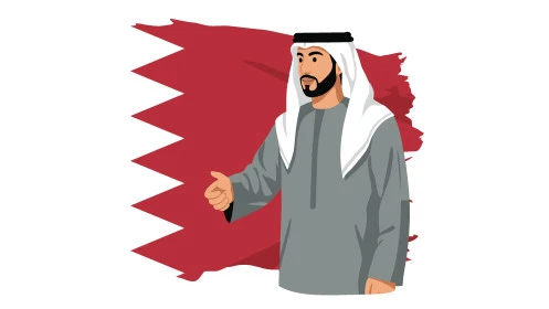 خلفية علم دولة قطر، رجل أعمال عربي خليجي قطري يرتدي الزي التقليدي يرفع اصبع الابهام لاعلى بتعابير الاعجاب والقبول، مفهوم الرجولة والاهتمام بالمظهر الخارجي،  فيكتور اليستريتور